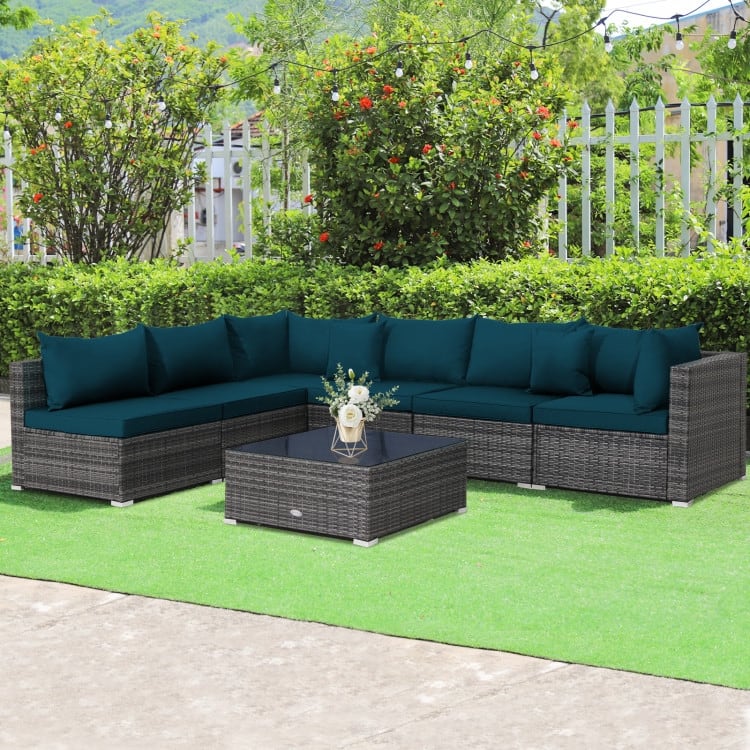 Patio Rattan Furniture Set Sectional Sofa Garden Cushion - 7 Pieces - Armless Sofa: 29" x 25.5" x 24"