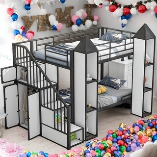 Twin over Twin Castle-shaped Bunk Bed with Wardrobe and Storage for Bedroom