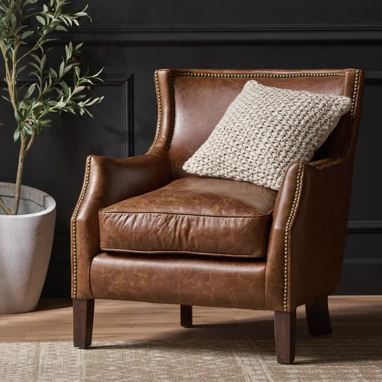 Brown Modern 29.25" Genuine Leather Upholstered Accent Chair with Rubber Wood Legs and Nailheads for Living Room - Brown