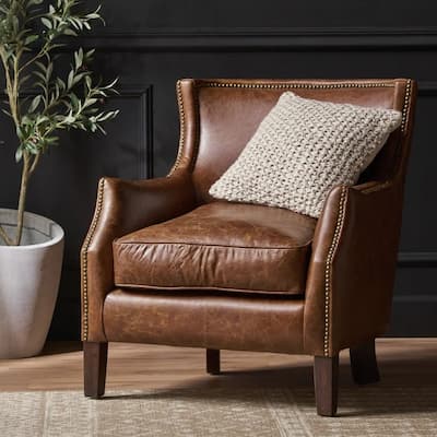 Brown Modern 29.25" Genuine Leather Upholstered Accent Chair with Rubber Wood Legs and Nailheads for Living Room