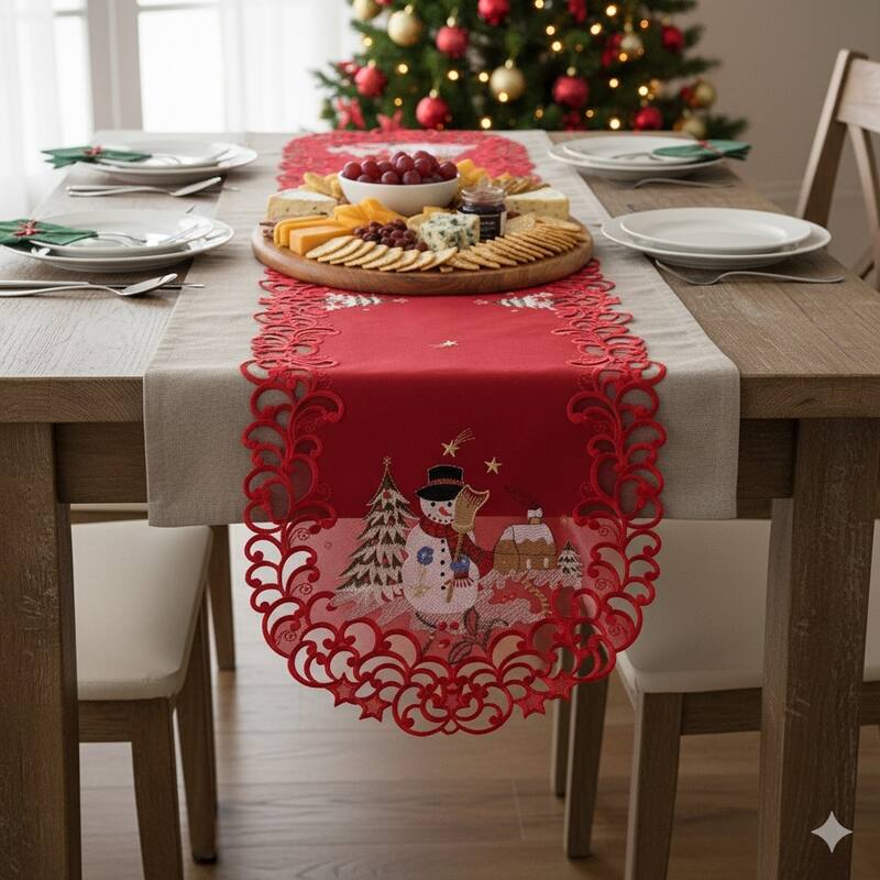 Snow Man Embroidered Cutwork Rectangular Table Runner, 15 by 43 inch