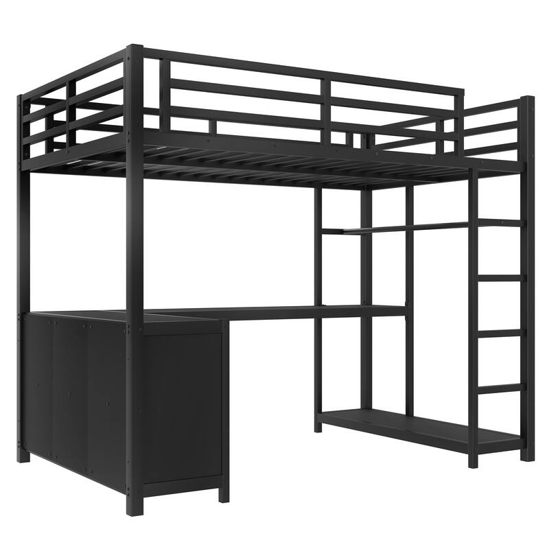 Roomfitters Metal Loft Bed with Wardrobe and L-Shaped Desk, Storage Shelves, Black