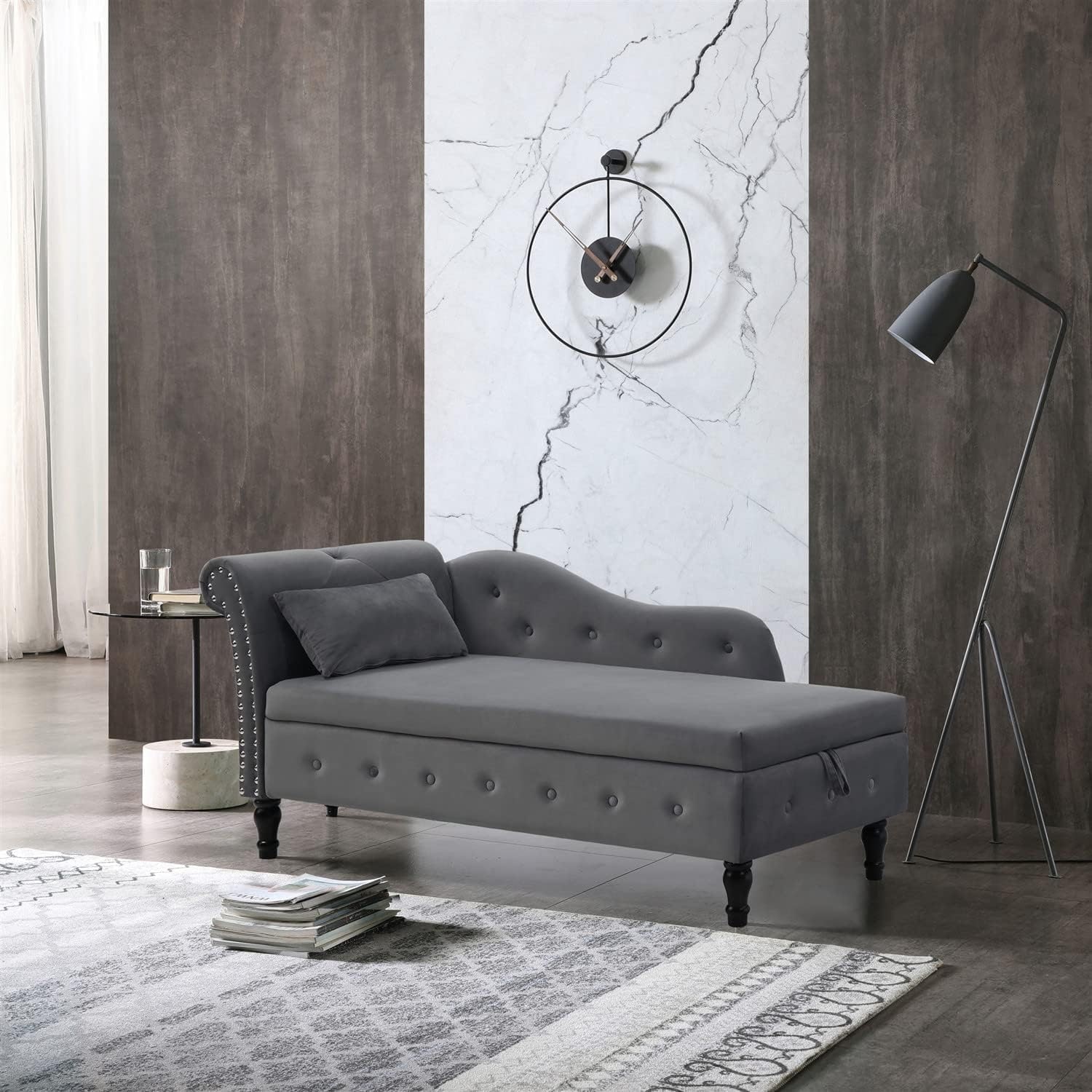 60-inch Velvet Storage Chaise Lounge with Pillow, Tufted Lounger with Wood Legs for Living Room