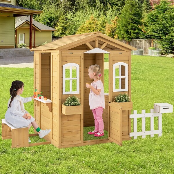 Gymax Wood Playhouse for Kids Outdoor Adventures Cottage w/ Bench