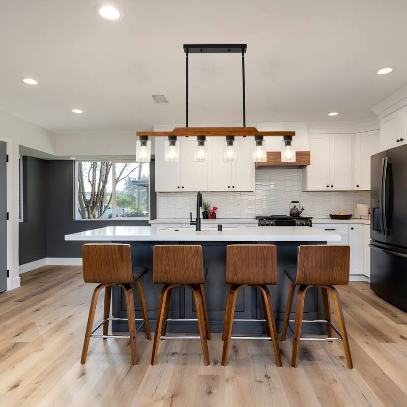 Farmhouse Chandelier for Dining Room Kitchen Island Rustic Wood Linear Pendant Light with Seed Glass Shade