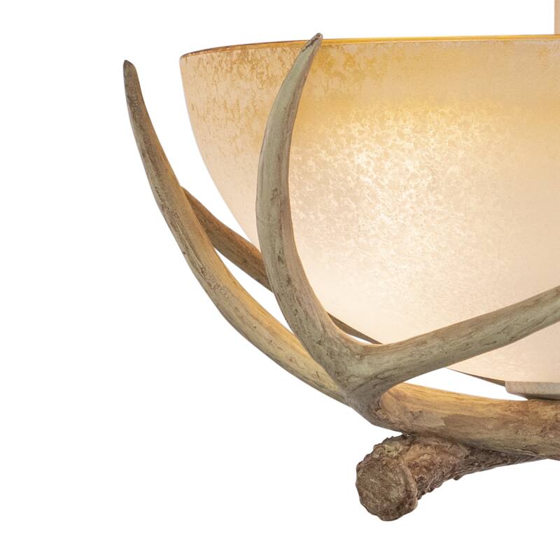 Lodge 16-in W Cream Rustic Antler Bowl Semi Flush Mount Ceiling Light Cream Glass - 16-in W x 12.75-in H x 16-in D