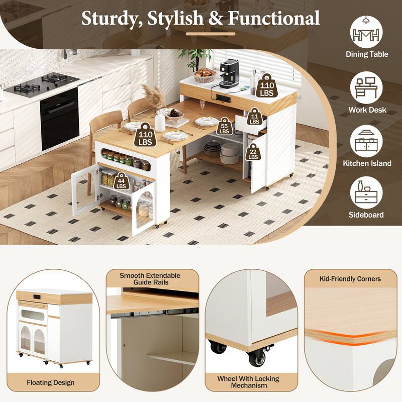 Rolling Kitchen Island with Extendable Table, Drawers, Power Outlet and Brake lock, Storage Cabinet