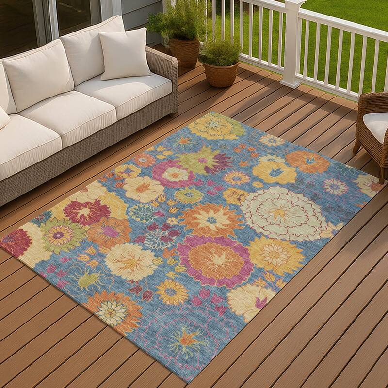 Machine Washable Indoor/ Outdoor Modern Floral Chantille Rug - Blue - 5' x 7'6"