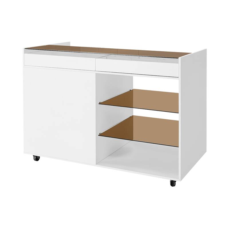 Roomfitters Multi-Functional Storage Island Vanity Console with Glass Display Shelves and Reversible Top, White