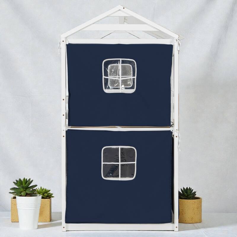 Twin/Full Wood House Bunk Bed with Tent, Playhouse Design, Windows & Roof, Solid Wood Frame, No Box Spring Required