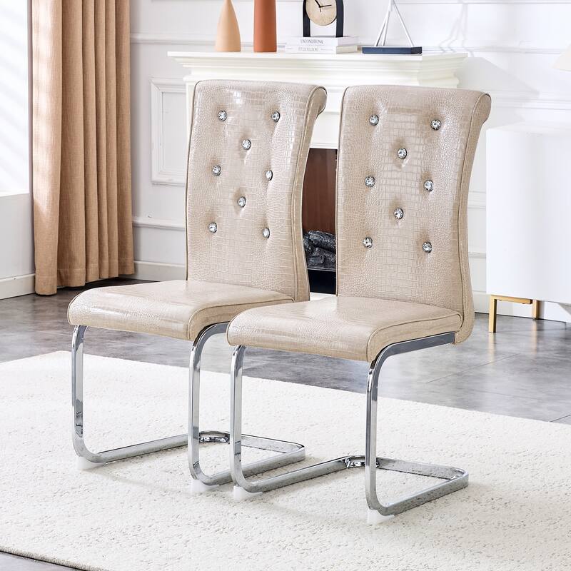 Set of 2, Retro Faux Alligator Skin Upholstered Dining Chairs, with Crystal Buckle Design and Faux Leather Design