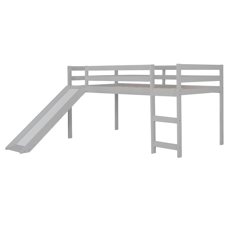 Multifunctional Twin Loft Bed with Slide, Gray Finish, Solid Pine Construction