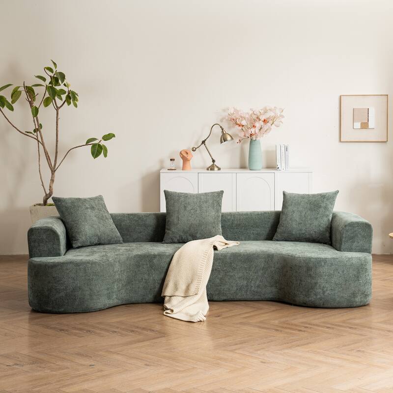 Curved Loveseat Sofa Corduroy Upholstered Couch with 3 Pillows for Living Room, Floor U-shape Settee Cloud Chaise Lounge - Green