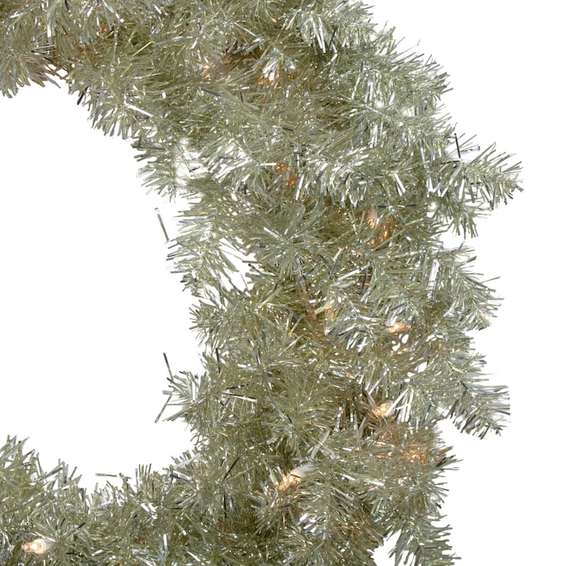 Pre-Lit Artificial Tinsel Christmas Wreath - 24" - Silver and Champagne - Clear Lights