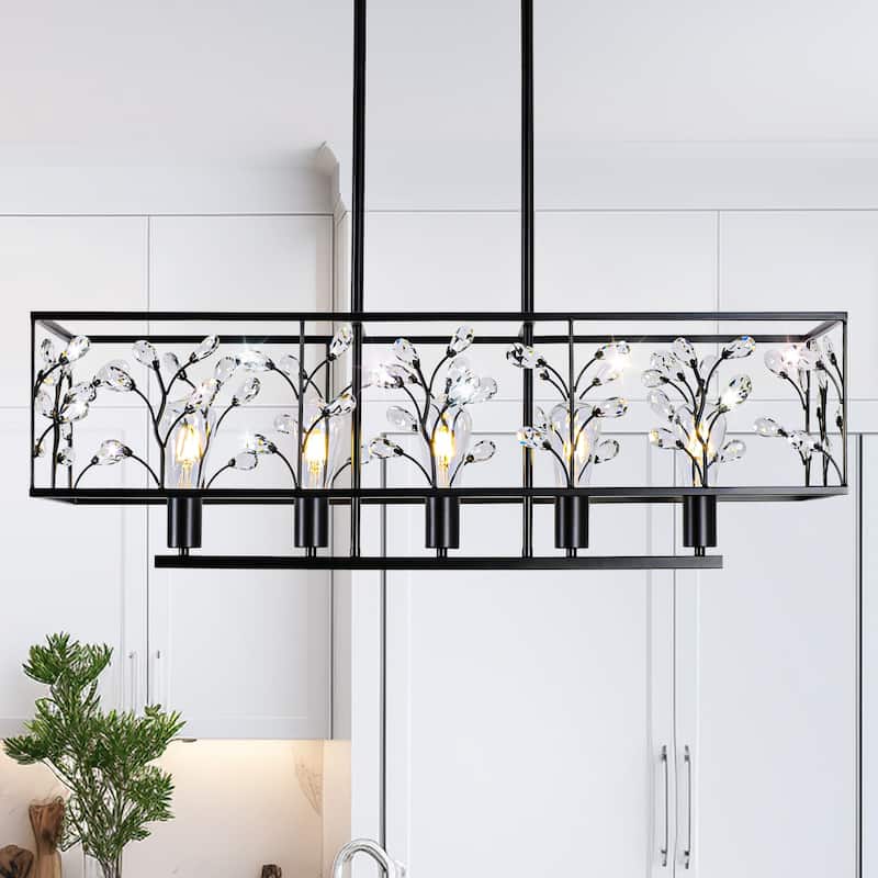Starsky Farmhouse 5-light Crystal Rectangle Linear Chandelier for Dining Room with UL Certified - Black