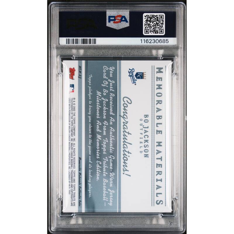 Bo Jackson 2002 Topps Memorable Materials Game Worn Jersey Baseball Signed Card #MEMBJ Auto Graded PSA 10 Cert # 116230685
