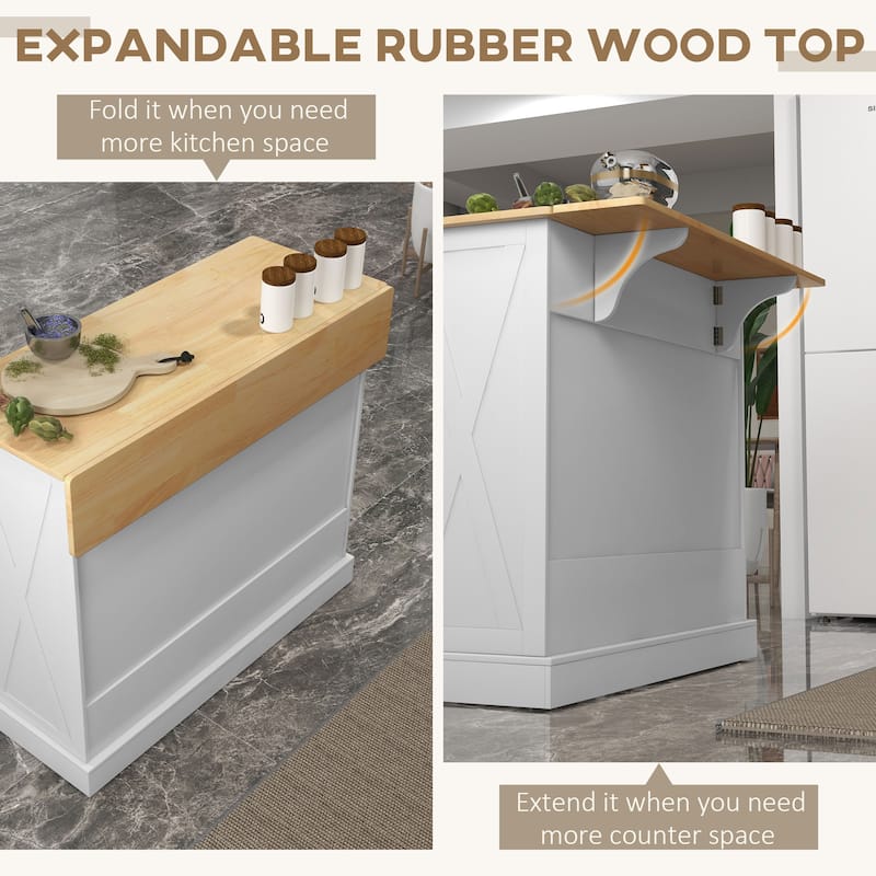 HOMCOM Rolling Kitchen Island with Drop Leaf Wood Breakfast Bar, Farmhouse Kitchen Cart with 2 Drawers, White