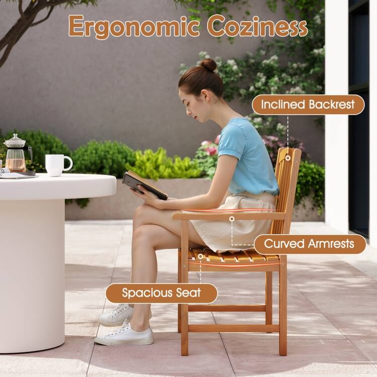 Set of 2 Natural Acacia Wood Patio Armchairs with Slatted Seat, Ergonomic Back and 400lb Capacity - 22.5" x 24" x 36"