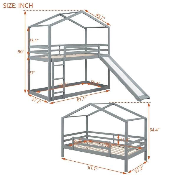 Twin over Twin Bunk Bed w/ Roof, Slide & Ladder Platform Loft Bed, Gray