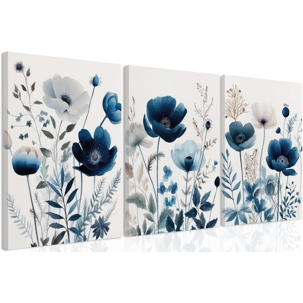 Elegant Navy Blue Wildflower Lily Daisy Art Wall Decor