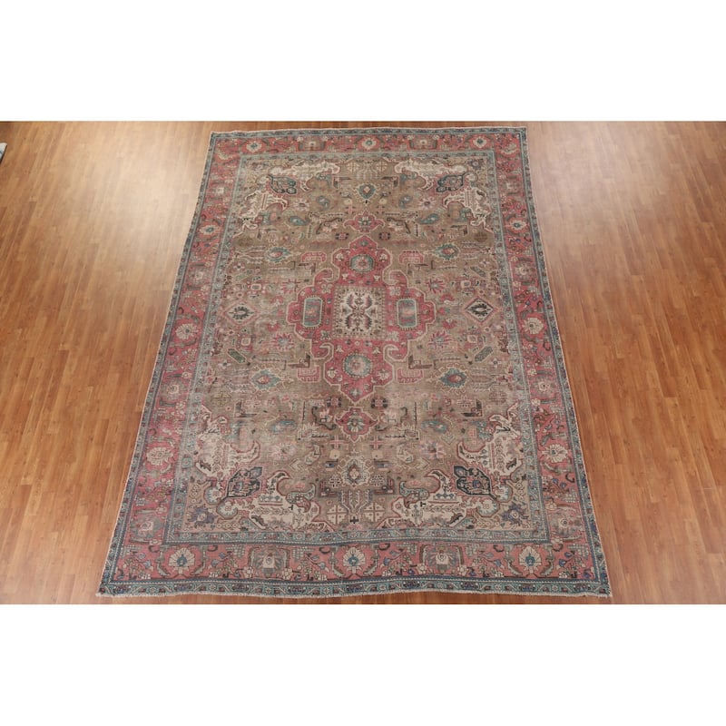 Brown Distressed Tabriz Persian Antique Area Rug Handmade Wool Carpet - 9'2" x 12'10"