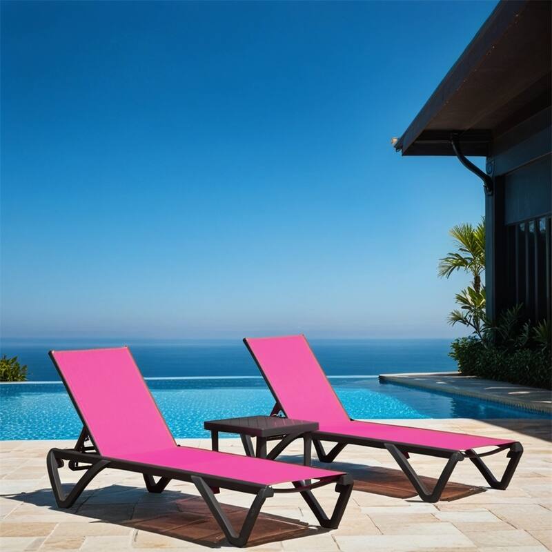 Outdoor Adjustable Backrest Lounge Chair with Side Table (Set of 3) - Rose Red