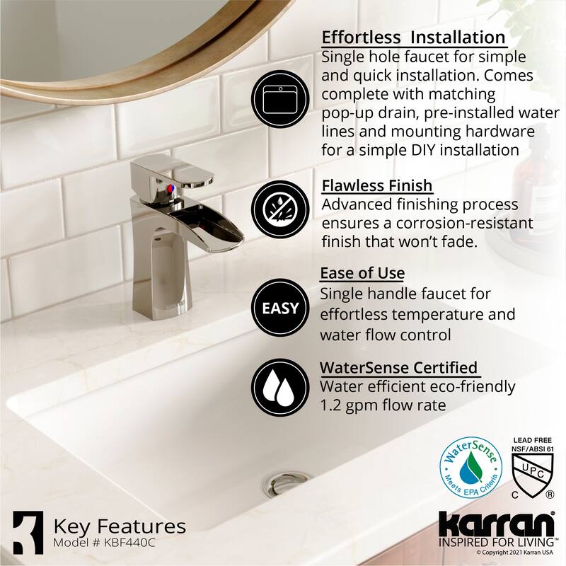 Karran Kassel Single Hole Single Handle Basin Bathroom Faucet with Matching Pop-up Drain