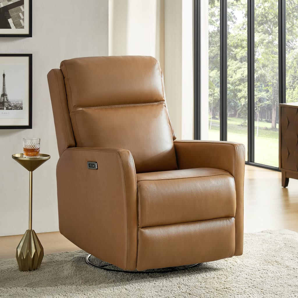 Fiacro Transitional Genuine Leather Power Swivel Rocking Recliner with USB and Type-C Ports