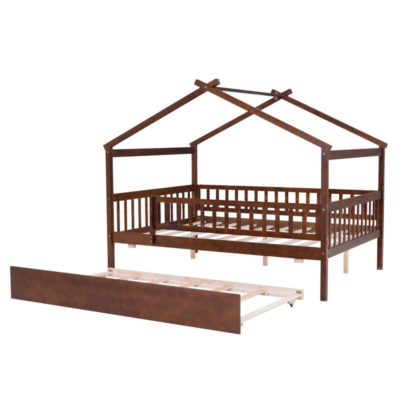 Pine House Bed with Trundle, Guardrail & Roof