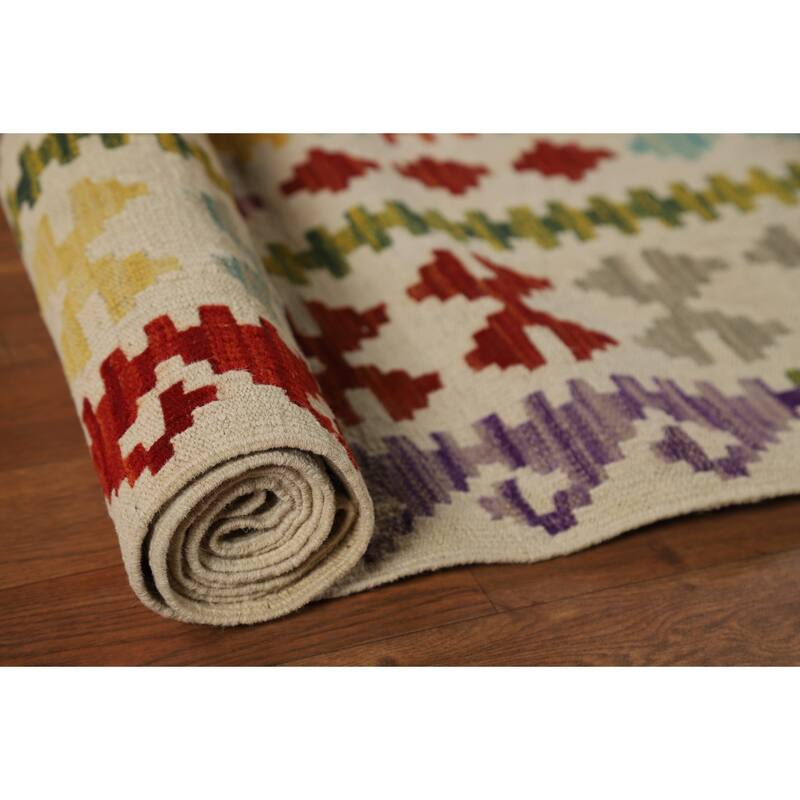 Reversible Geometric Kilim Area Rug Flatweave Wool Carpet - 8'9" x 11'3"