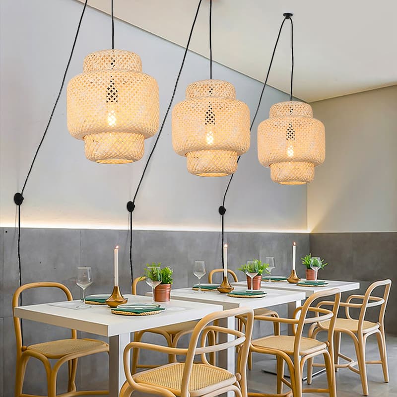 Adjustable Handmade Bamboo Contemporary Farmhouse Rustic Celling Hanging Wall Lamp - Plug in Rattan Lantern Chandelier Lights