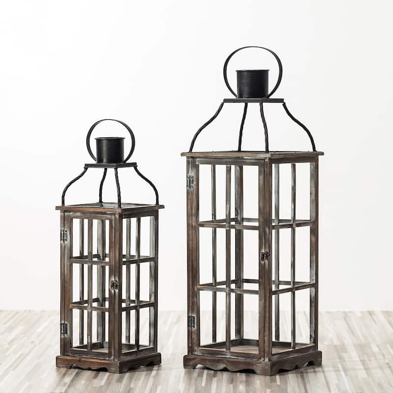 Glitzhome Farmhouse Wooden Metal Cage Candle Holders Patio Hanging Vintage Lanterns (Set of 2)