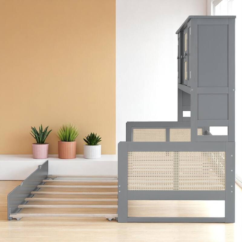 Wooden Twin/Full Daybed with Trundle Bed, Storage Shelves and Cabinet, No Box Spring Required, Rattan Design