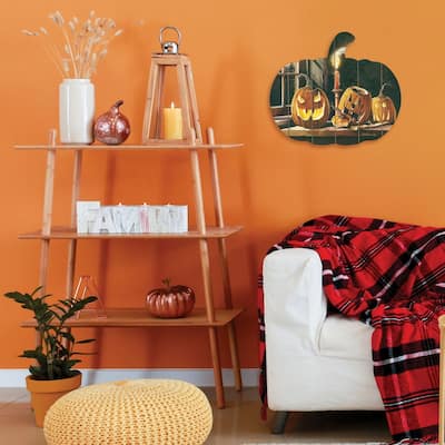 TrendyDecor4U Farmhouse "The Carving Table" Printed Wall Art on a Wood Fence by John Rossini - Orange, Brown, Tan