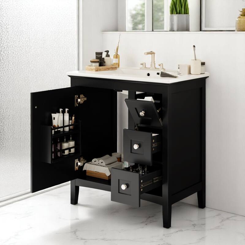 Modern 30 Inch Bathroom Vanity with Porcelain Countertop, 3 Drawers, Solid Wood and MDF Storage Cabinet