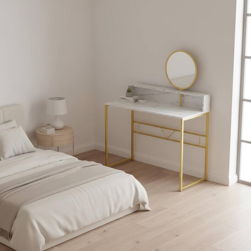 Homylin 41" Modern Vanity Table with Round Mirror, White Marble & Gold