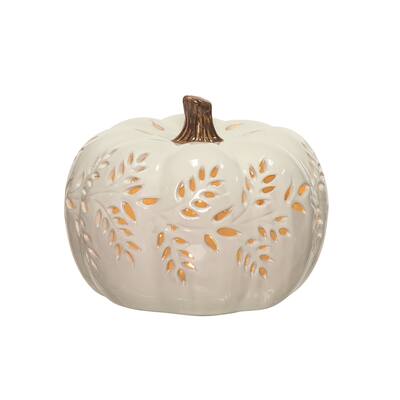 Transpac Dolomite 8.3 in. White Harvest Large Light Up Carved Vine Pumpkin