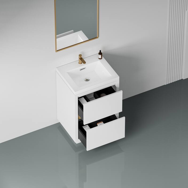 24" Bathroom Storage Vanity Cabinet with U-Shaped Sink, Soft-Close Drawers and Durable Stone Resin Countertop