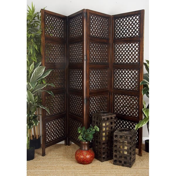 Studio 350 Brown Wooden Handmade Hinged Foldable Partition 4 Panel Floral Room Divider Screen with Intricately Carved Designs - 72 x 80 x 1
