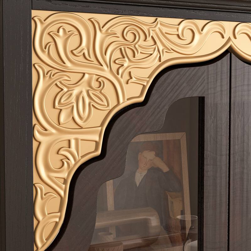 Oak Finish Fir Wood Wooden Curio Cabinet Display Storage Case Bathroom Cabinet Bookcase - 70.9"Hx31.5"W