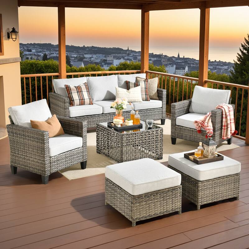 OVIOS 6 Pieces Outdoor Wicker Sectional Set With Solar-Powered Table - Grey