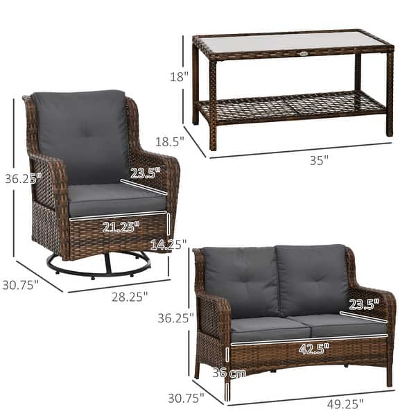 Outsunny 4 Piece PE Wicker Patio Furniture Set, Conversation Set with 2 360° Swivel Rocking Armchairs, 1 Loveseat Sofa