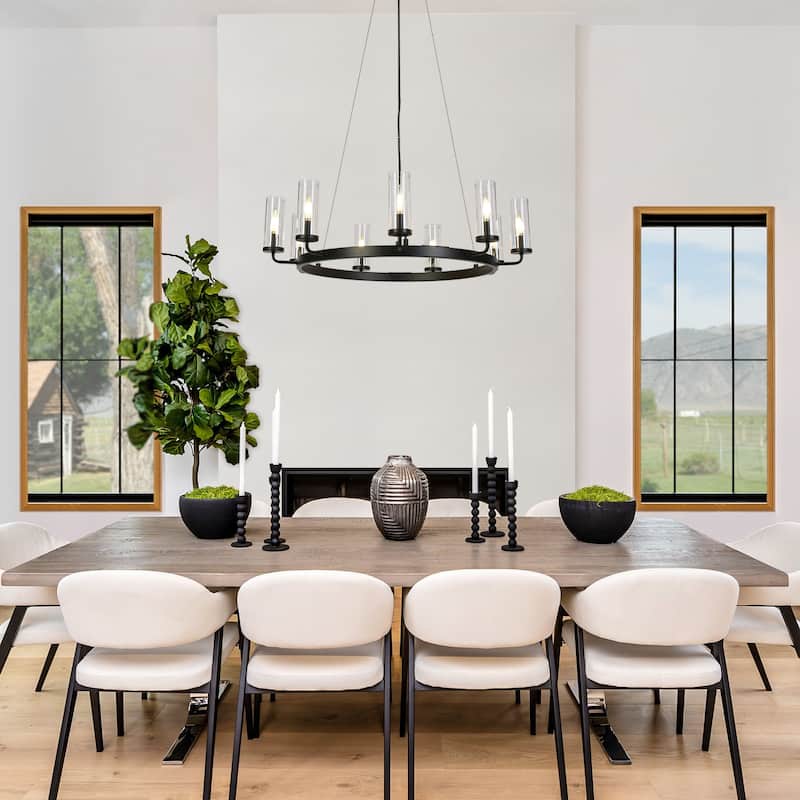 Modern Farmhouse 9-Light Black Wheel Chandelier Glass Metal Ceiling Lights for Dining Living Room - D31" x H8.7"