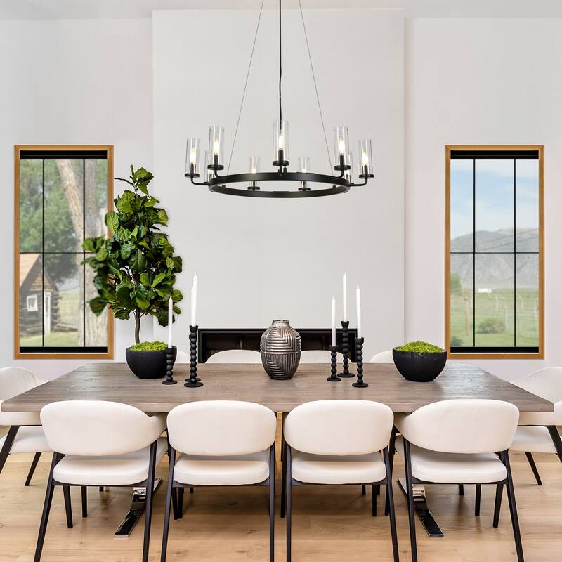 Modern Farmhouse 9-Light Black Wheel Chandelier for Dining Living Room - D31" x H8.7"