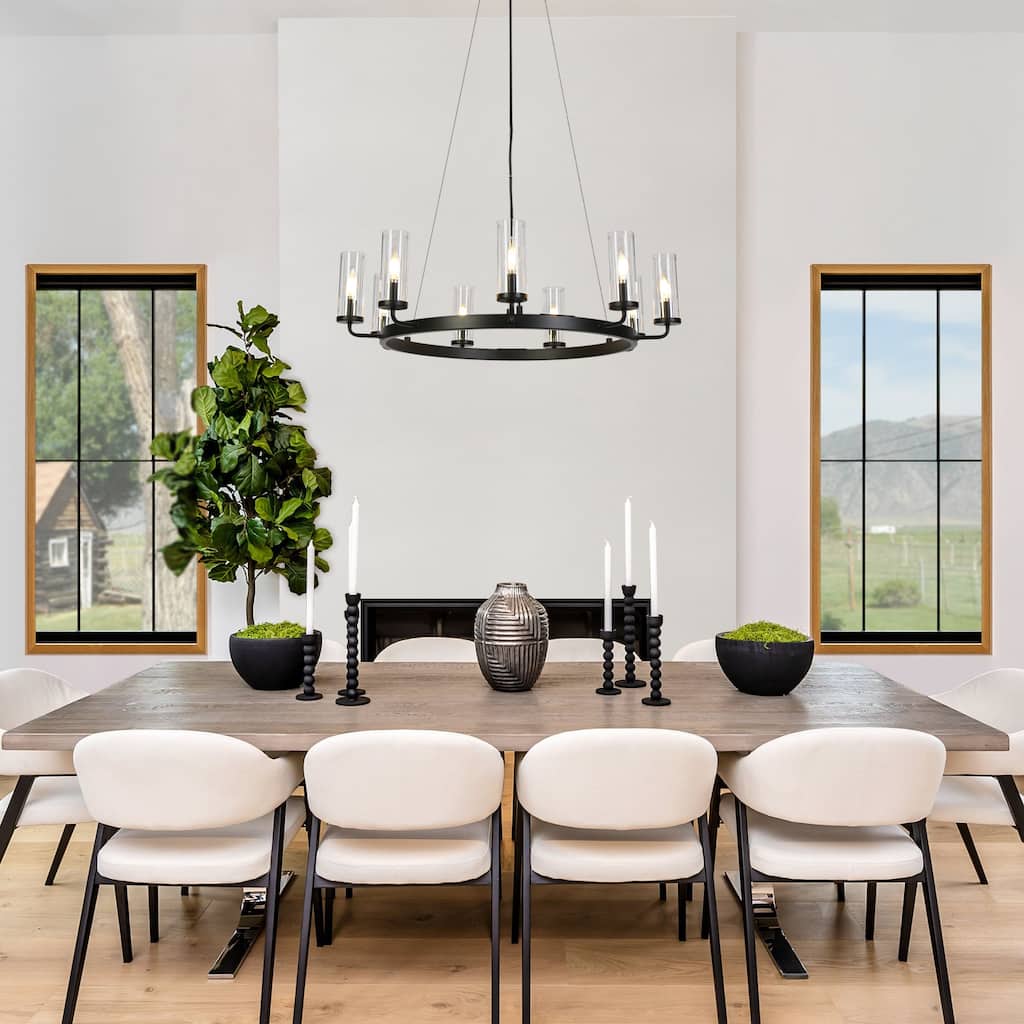 Modern Farmhouse 9-Light Black Wheel Chandelier for Dining Living Room - D31" x H8.7"