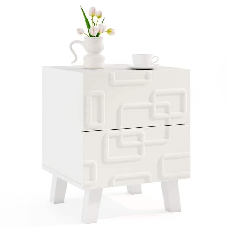 White Nightstand with 3D Geometric Drawer, 2 Drawers and Modern Design