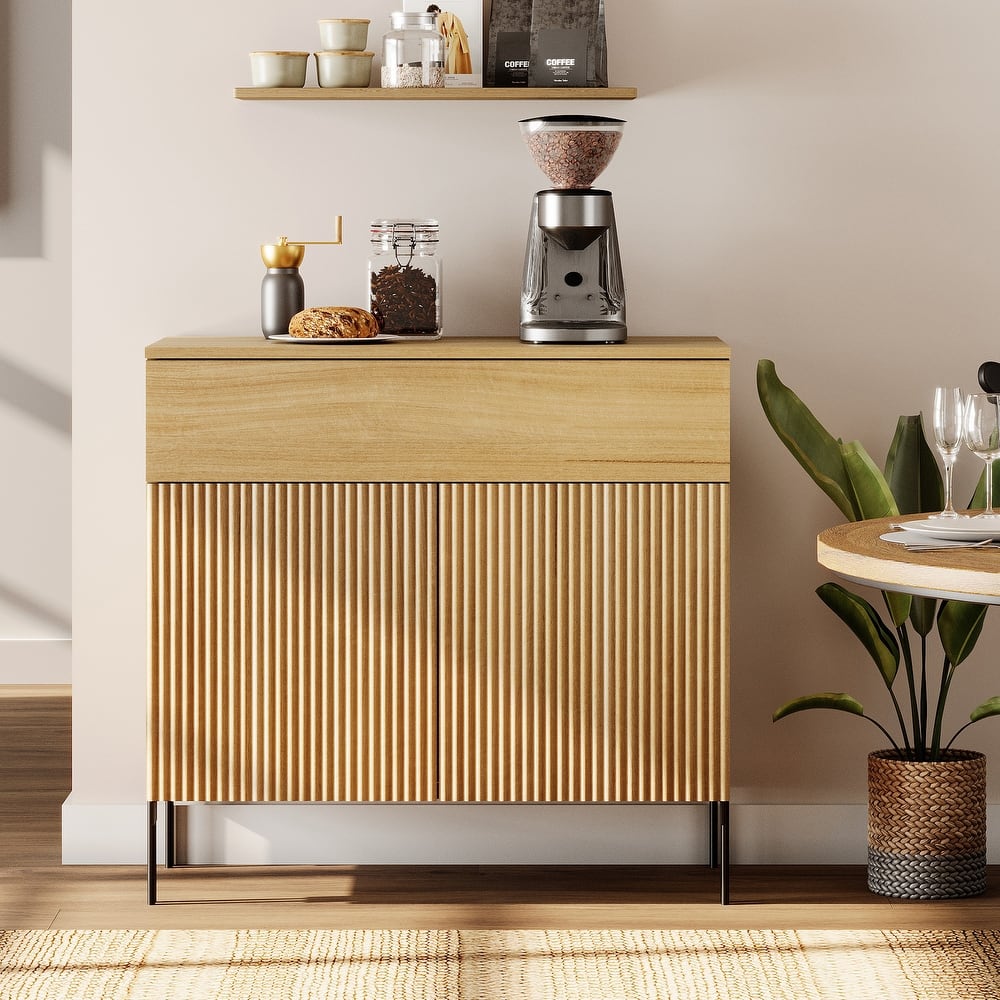 31.5" Wooden Reeded Sideboard With Doors And Drawer, Modern Credenza Storage Cabinet