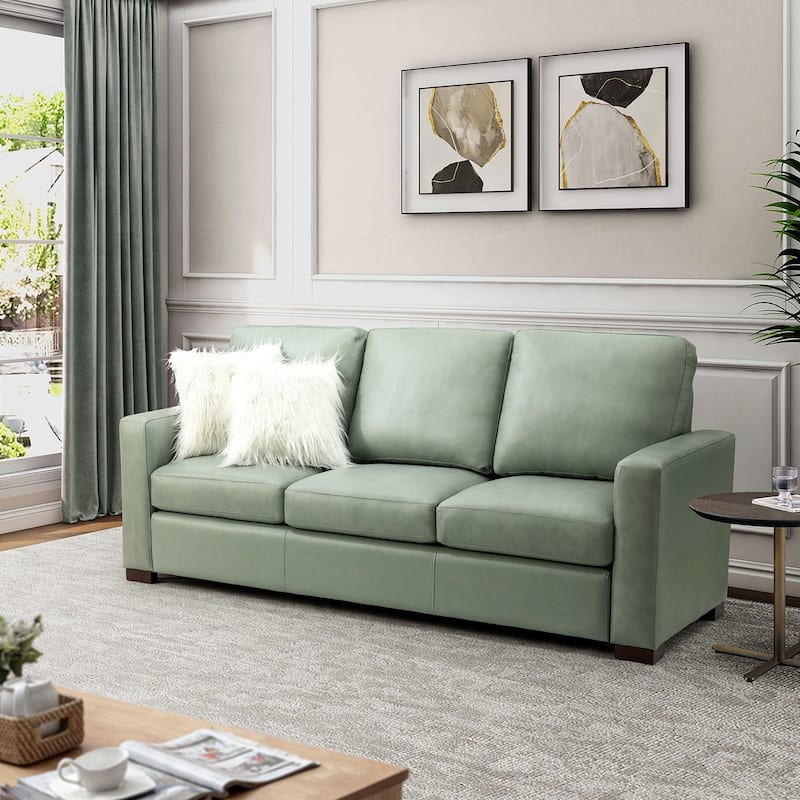 Ernando 83.46" Wide Genuine Leather Sofa with Squared Arms and Pillows