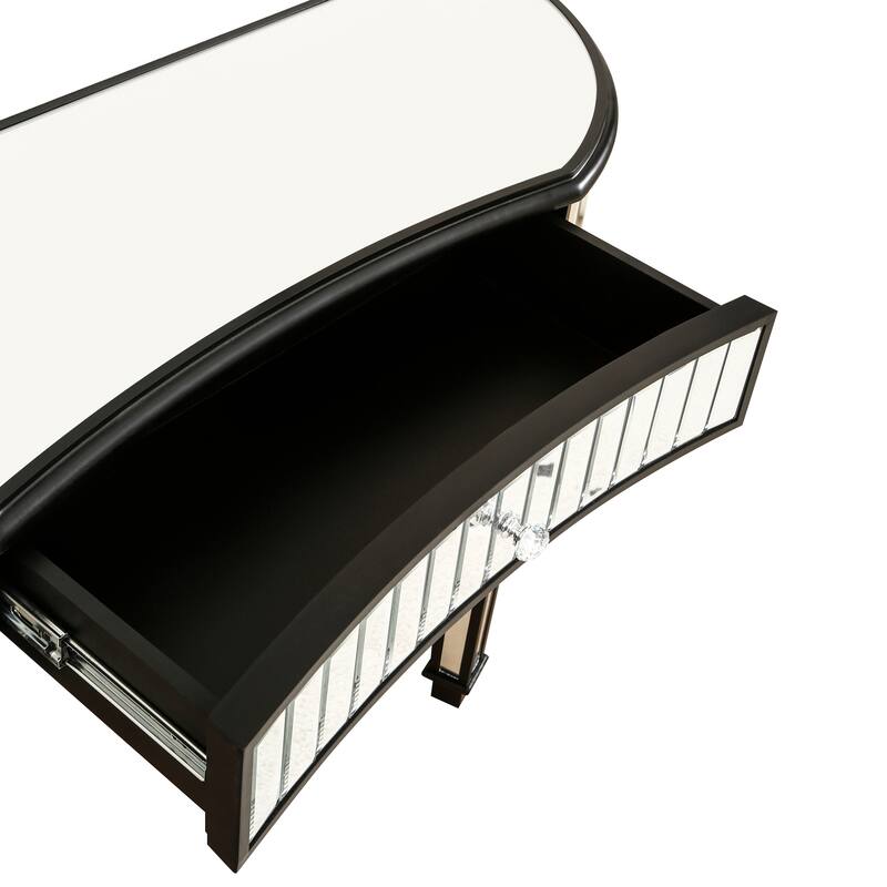 Half-Moon Mirrored Makeup Table Console Table with Fluted Glass Panels, Entryway Accent Table with Crystal Knob Drawer