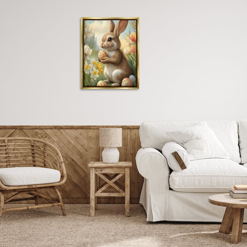Stupell Easter Bunny with Painted Eggs Framed Floater Canvas Wall Art Design By Franklyn Gregory